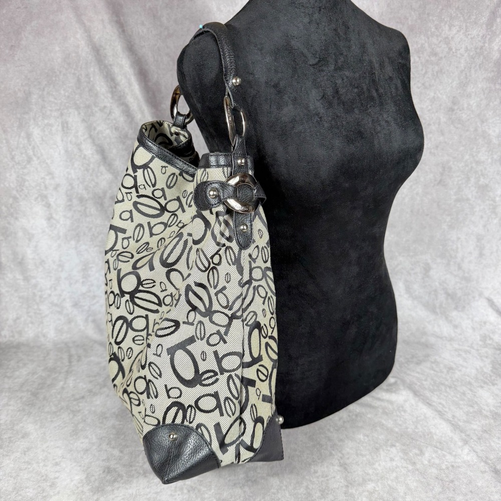 Vtg Bebe Monogram Logo Canvas‎ Hobo Shoulder Bag Black Silver Y2K Slouchy Purse